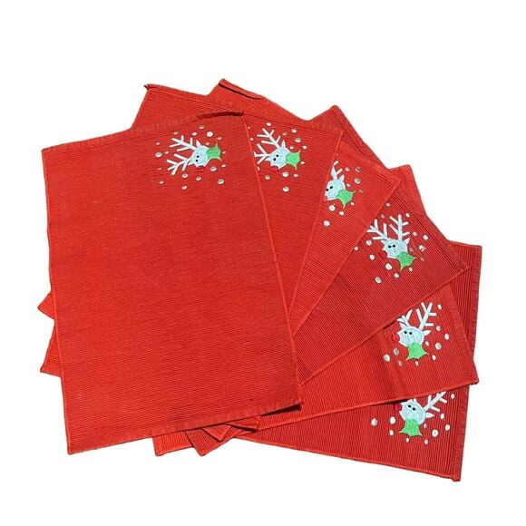 6 Red Christmas Rudolph Placemats Holiday Placemat Embroidered Silver 16x12 - Picture 1 of 5
